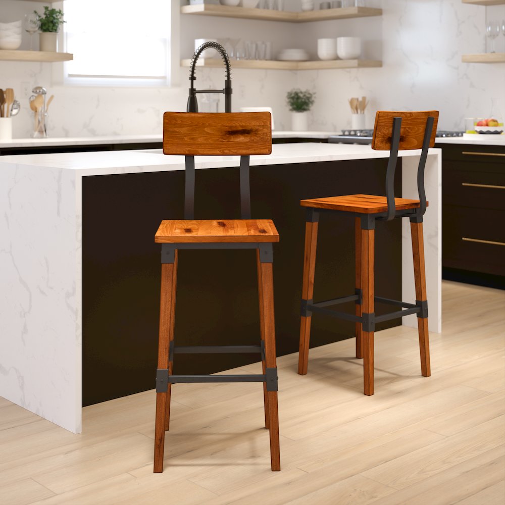 2 Pack Rustic Antique Walnut Industrial Wood Dining Barstool. Picture 2