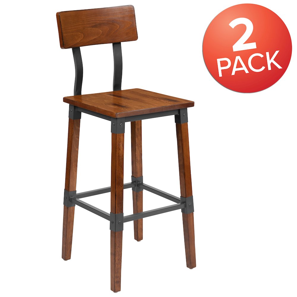 2 Pack Rustic Antique Walnut Industrial Wood Dining Barstool. Picture 1