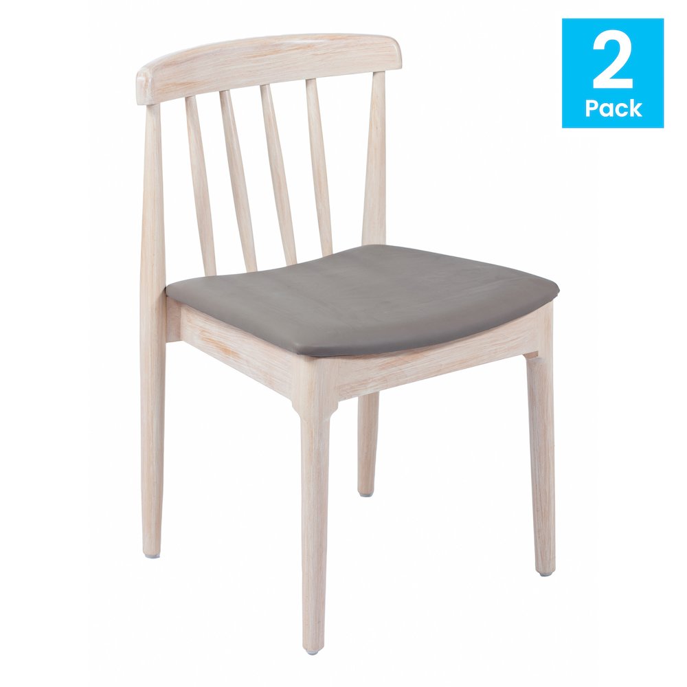 Set of 2 Restaurant Dining Chairs, Brown Vinyl Seat/Antique White Wood Frame. Picture 2