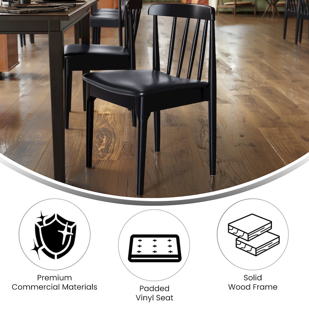 Set of 2 Black Dining Chairs with Curved Spindle Backrests, Black Vinyl Seats. Picture 5
