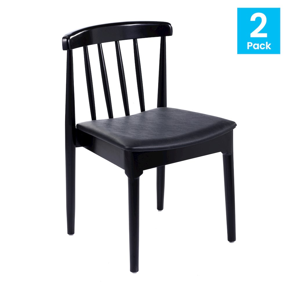 Set of 2 Black Dining Chairs with Curved Spindle Backrests, Black Vinyl Seats. Picture 2