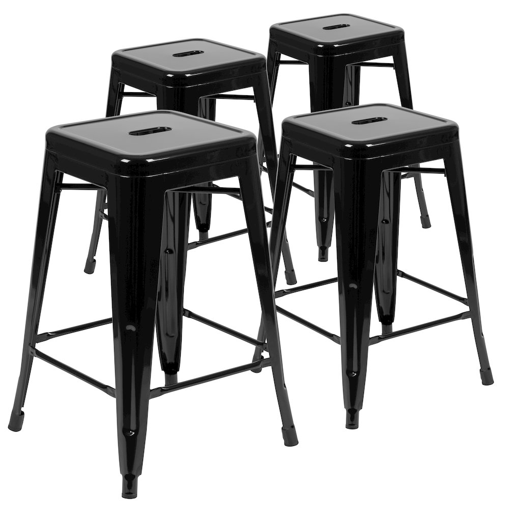 24" High Metal Counter-Height, Indoor Bar Stool in Black - Stackable Set of 4. Picture 3