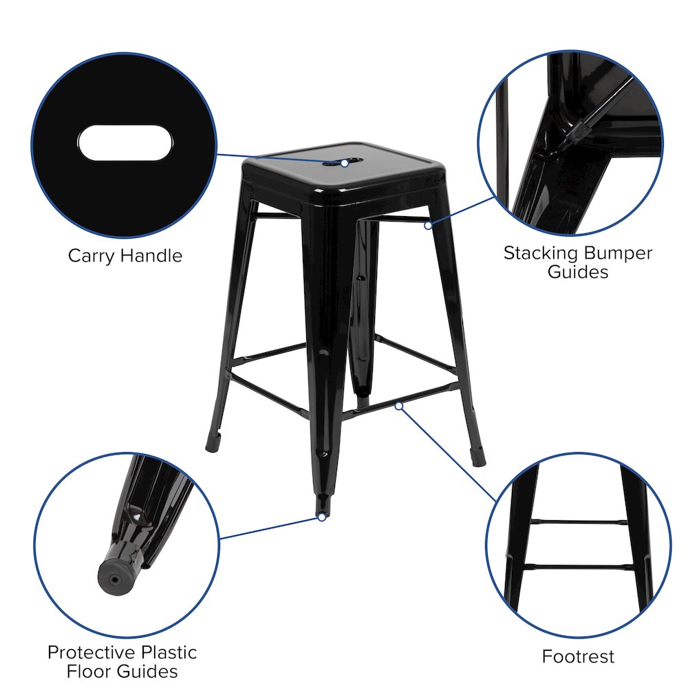 24" High Metal Counter-Height, Indoor Bar Stool in Black - Stackable Set of 4. Picture 8