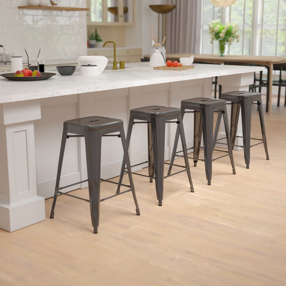 24" High Metal Counter-Height, Indoor Bar Stool in Black - Stackable Set of 4. Picture 2