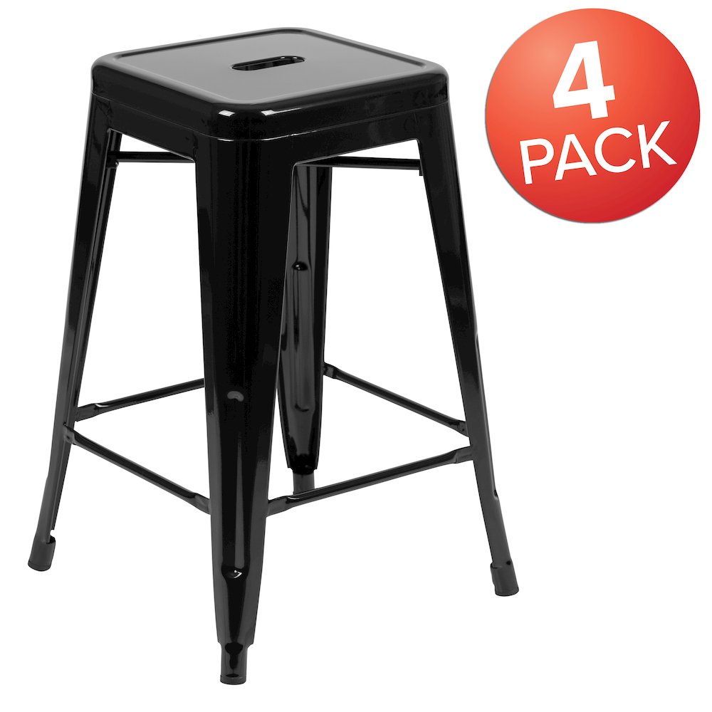24" High Metal Counter-Height, Indoor Bar Stool in Black - Stackable Set of 4. Picture 1