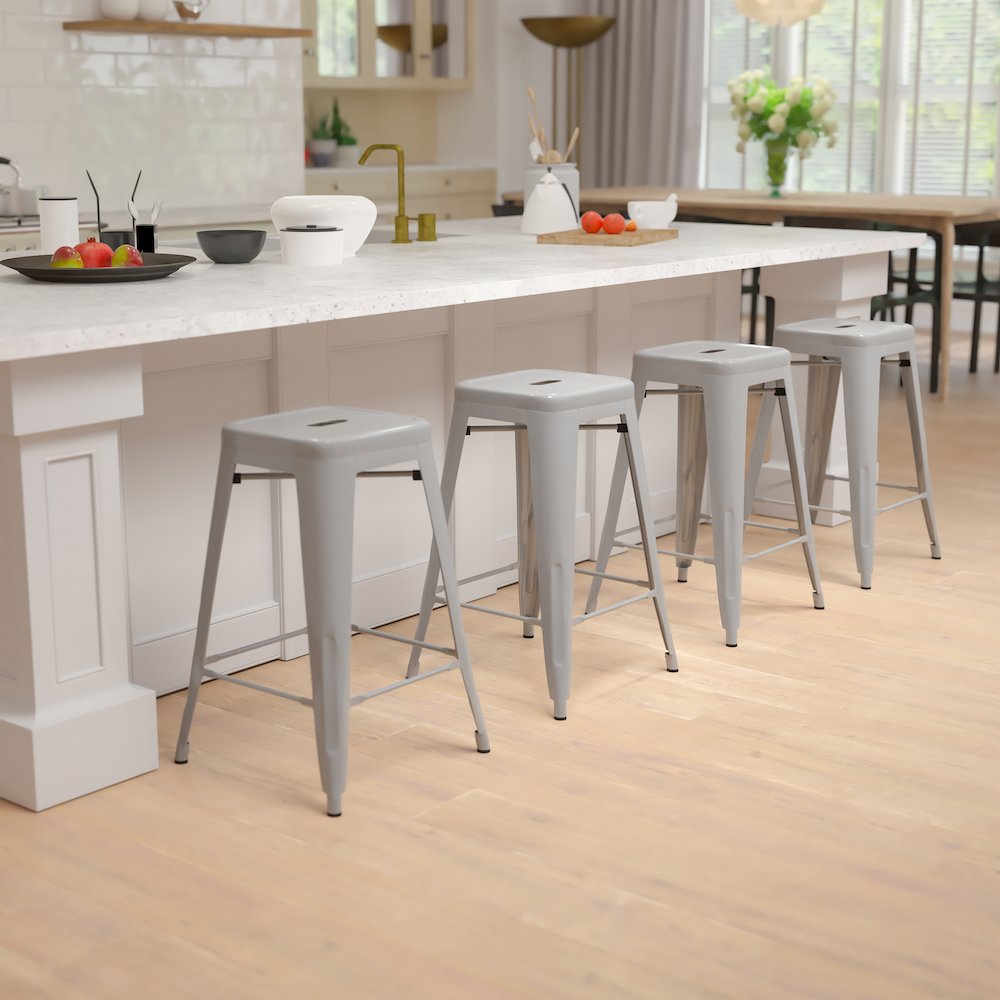 Modern Industrial Metal Stool in Silver (Set of 4). Picture 2