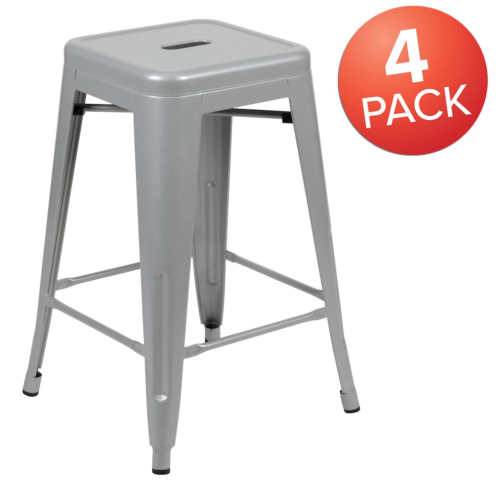 Modern Industrial Metal Stool in Silver (Set of 4). Picture 1
