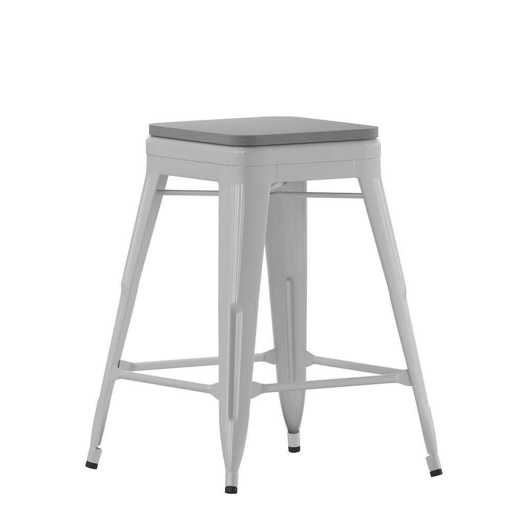 Cierra Set of 4 Commercial Grade 24" High Backless Silver Metal Indoor Counter Height Stools with Gray All-Weather Poly Resin Seats. Picture 1