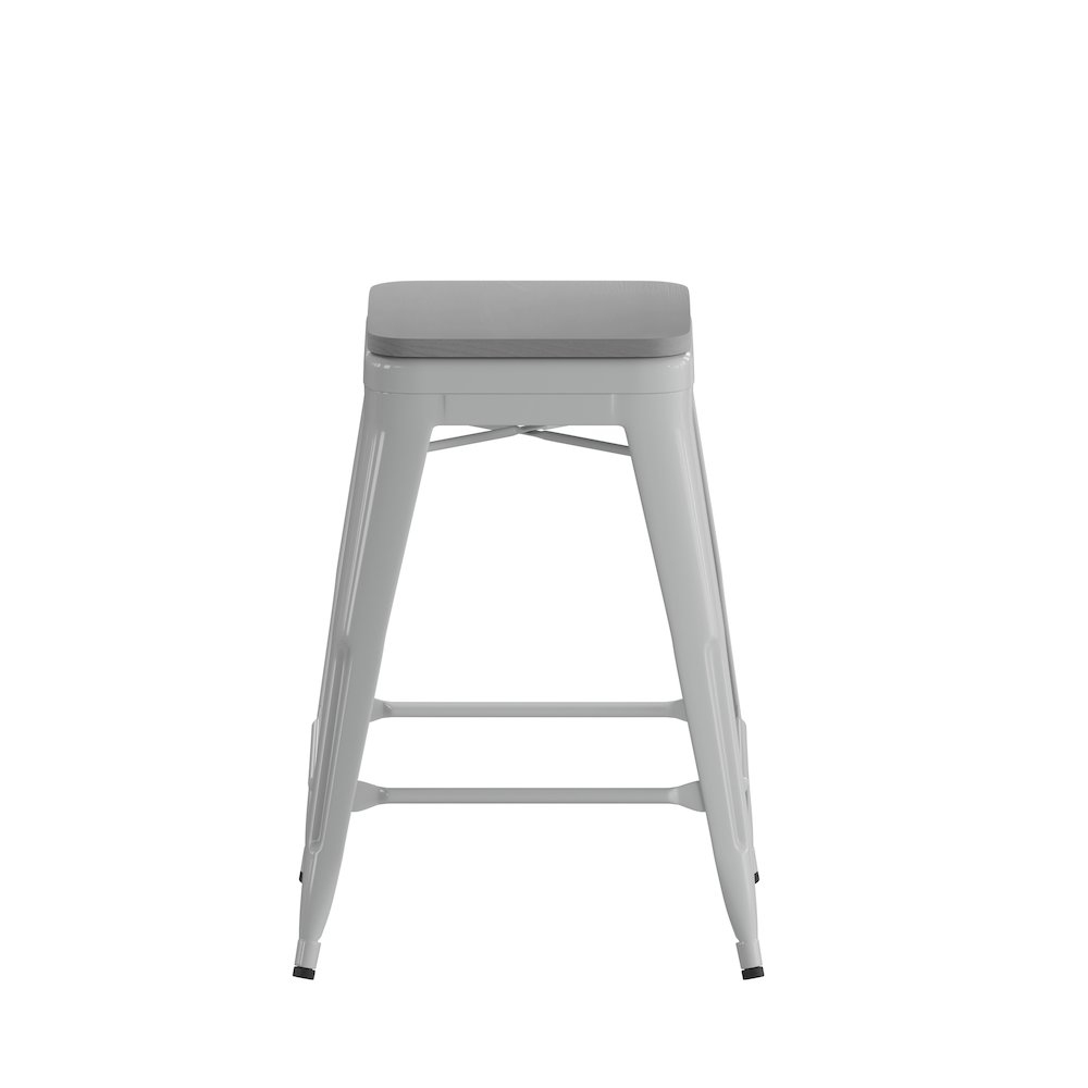 Cierra Set of 4 Commercial Grade 24" High Backless Silver Metal Indoor Counter Height Stools with Gray All-Weather Poly Resin Seats. Picture 9