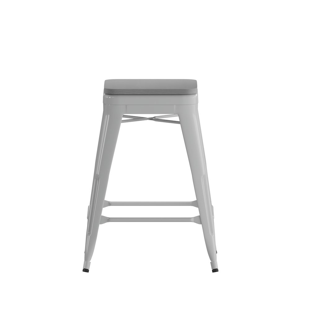 Cierra Set of 4 Commercial Grade 24" High Backless Silver Metal Indoor Counter Height Stools with Gray All-Weather Poly Resin Seats. Picture 11