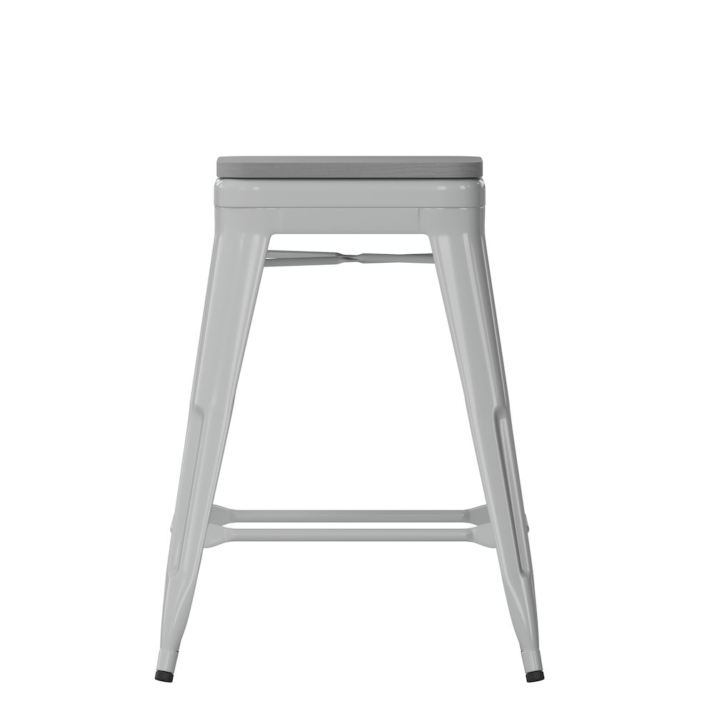 Cierra Set of 4 Commercial Grade 24" High Backless Silver Metal Indoor Counter Height Stools with Gray All-Weather Poly Resin Seats. Picture 10