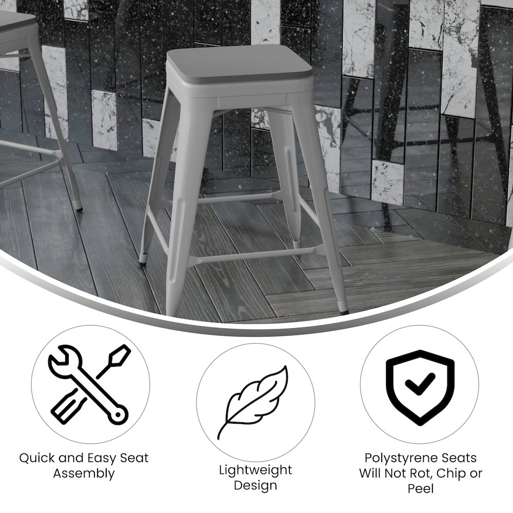 Cierra Set of 4 Commercial Grade 24" High Backless Silver Metal Indoor Counter Height Stools with Gray All-Weather Poly Resin Seats. Picture 4