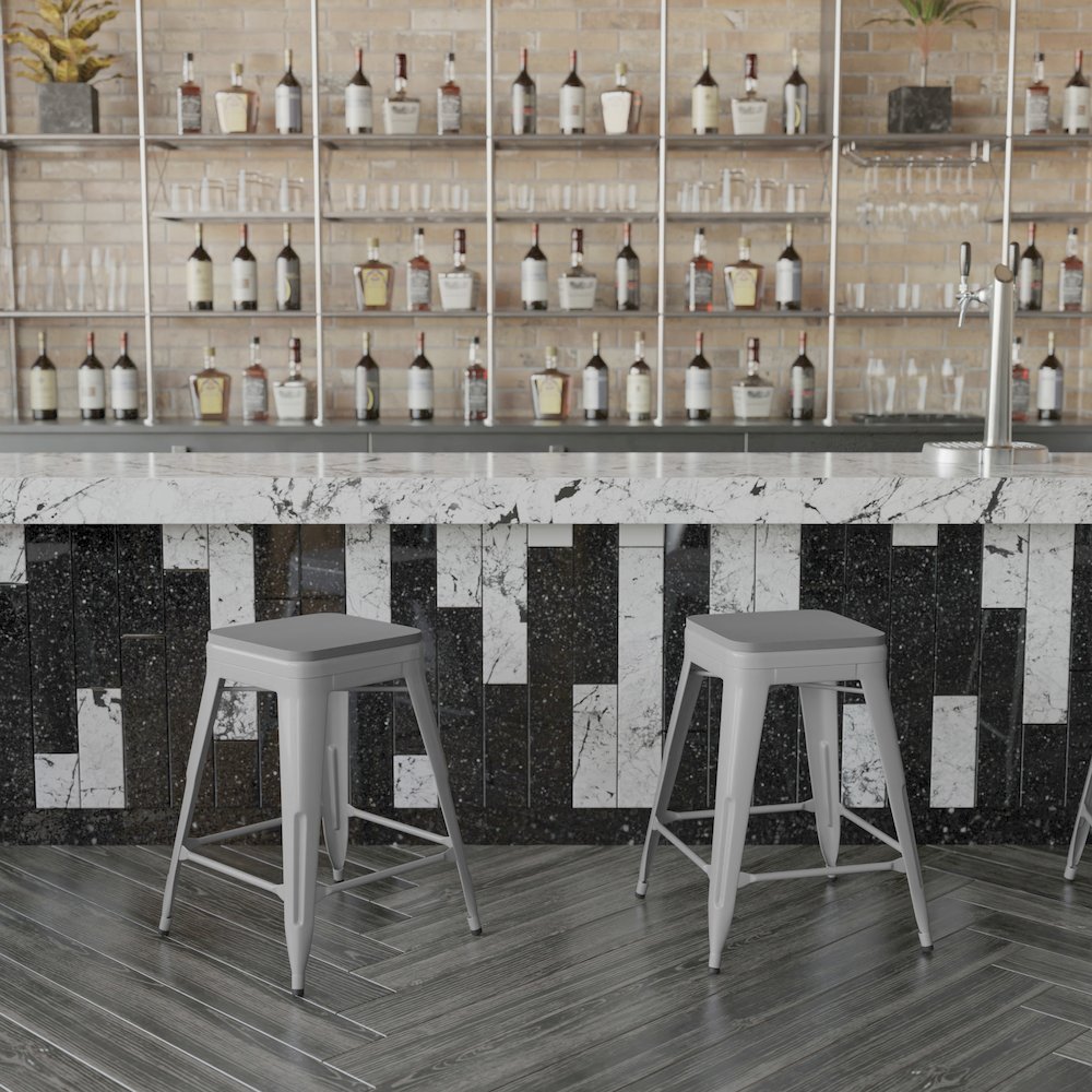 Cierra Set of 4 Commercial Grade 24" High Backless Silver Metal Indoor Counter Height Stools with Gray All-Weather Poly Resin Seats. Picture 2