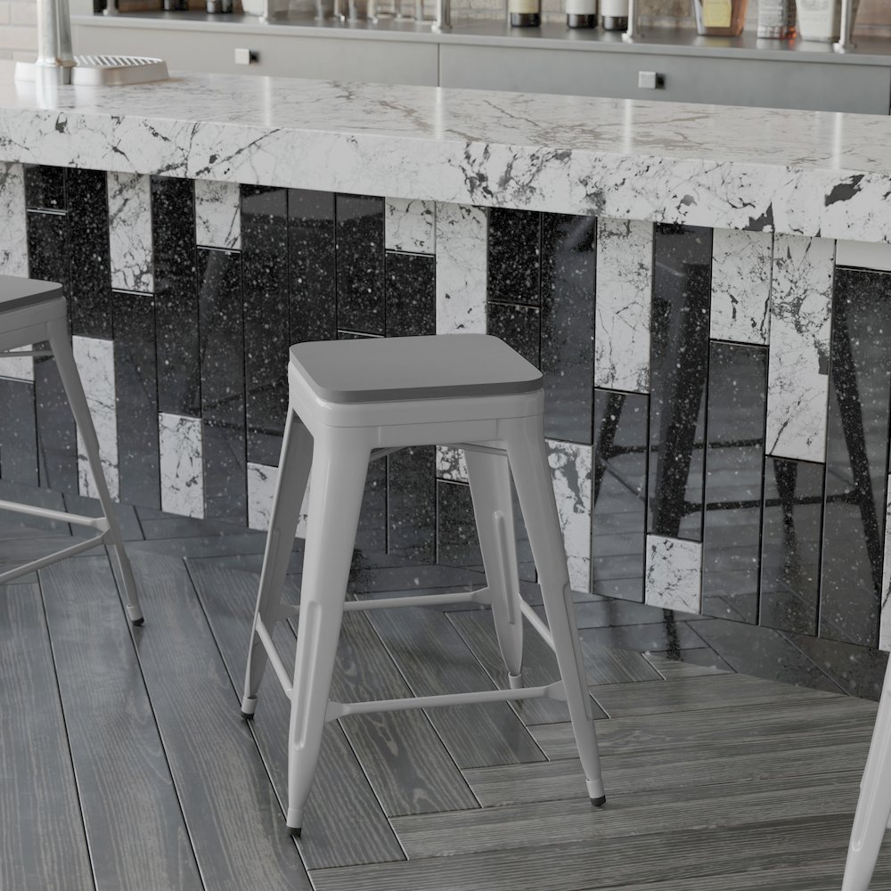 Cierra Set of 4 Commercial Grade 24" High Backless Silver Metal Indoor Counter Height Stools with Gray All-Weather Poly Resin Seats. Picture 8
