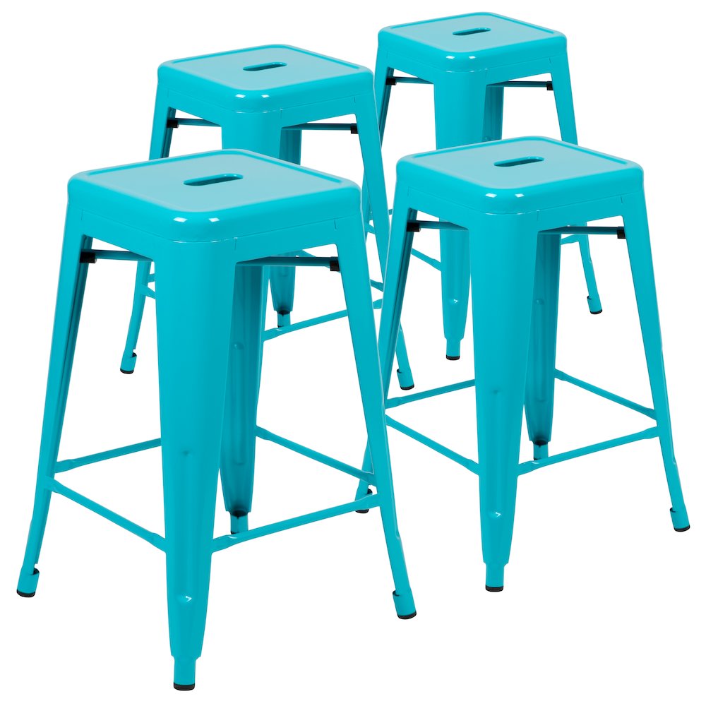 24" High Metal Counter-Height, Indoor Bar Stool in Teal - Stackable Set of 4. Picture 3