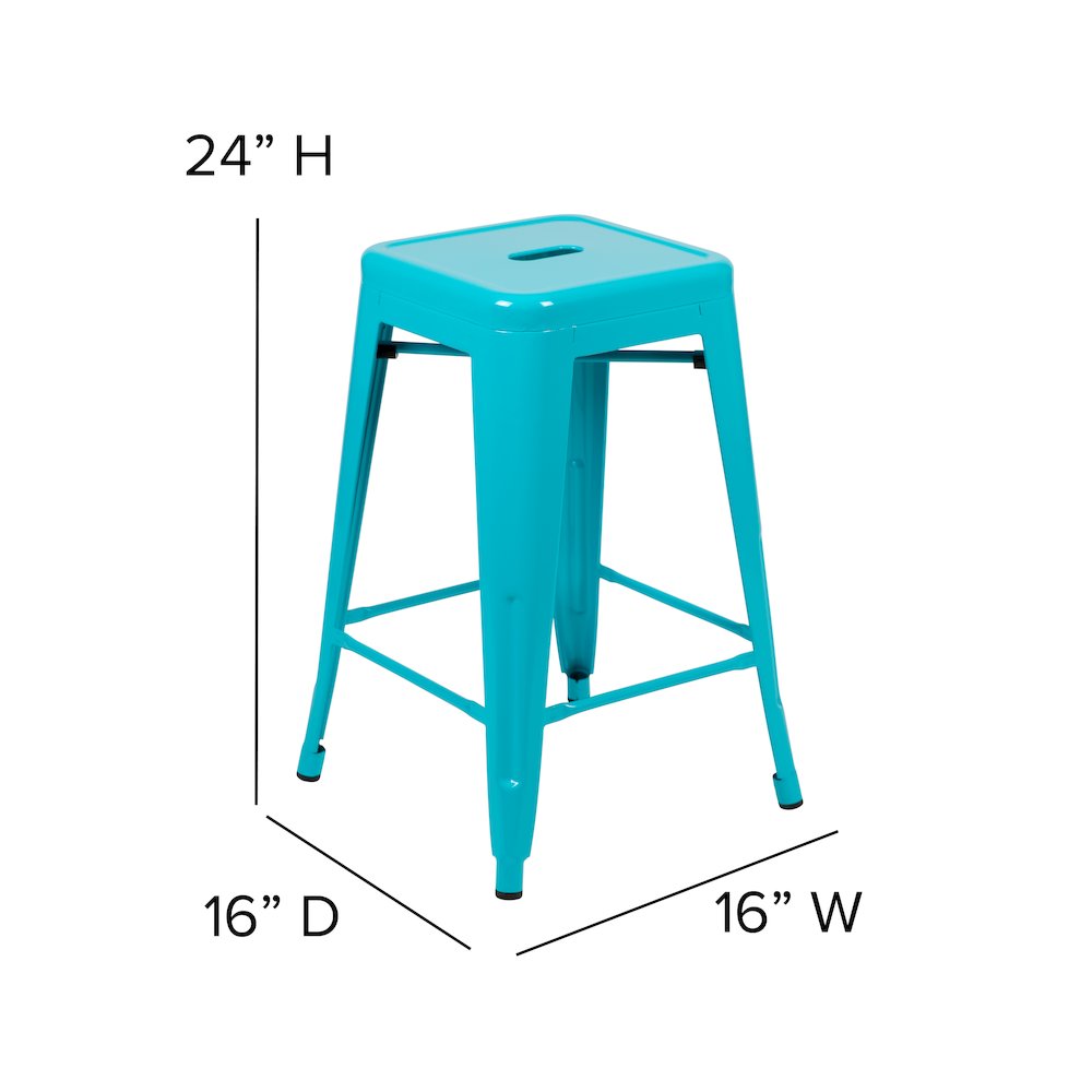 24" High Metal Counter-Height, Indoor Bar Stool in Teal - Stackable Set of 4. Picture 7