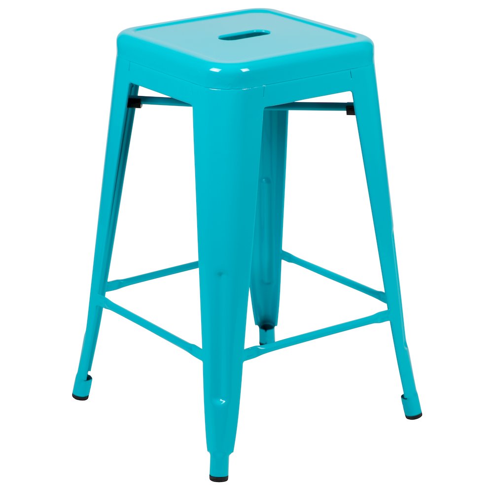 24" High Metal Counter-Height, Indoor Bar Stool in Teal - Stackable Set of 4. Picture 9