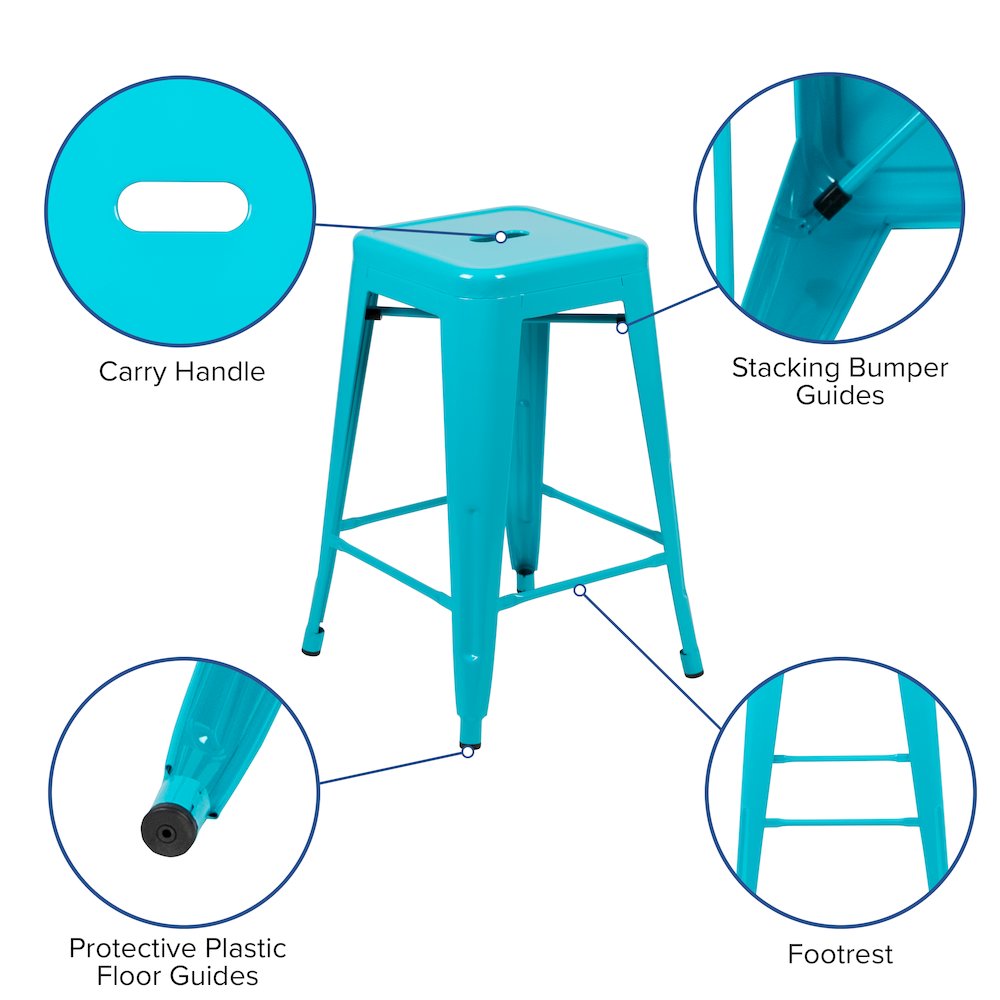 24" High Metal Counter-Height, Indoor Bar Stool in Teal - Stackable Set of 4. Picture 6