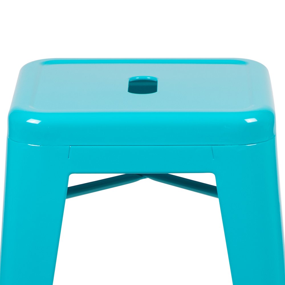 24" High Metal Counter-Height, Indoor Bar Stool in Teal - Stackable Set of 4. Picture 8