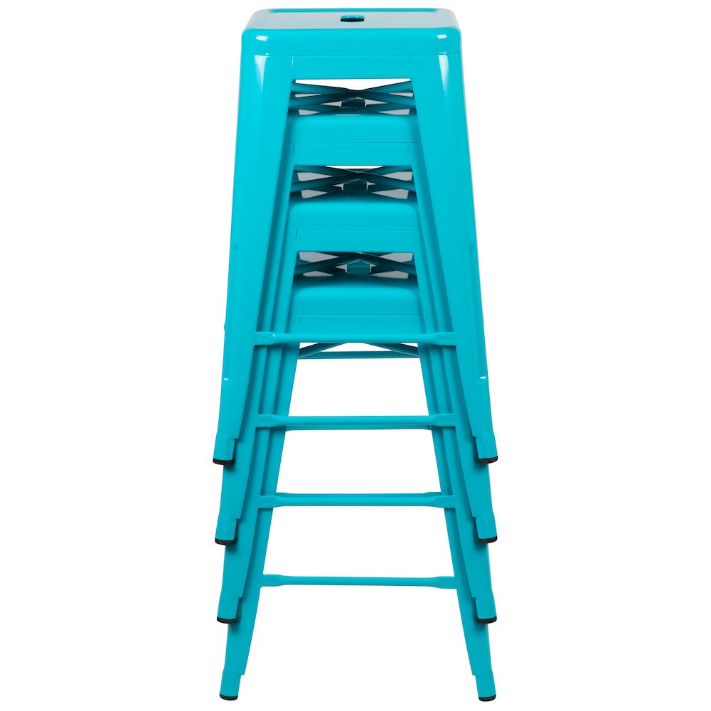 24" High Metal Counter-Height, Indoor Bar Stool in Teal - Stackable Set of 4. Picture 13