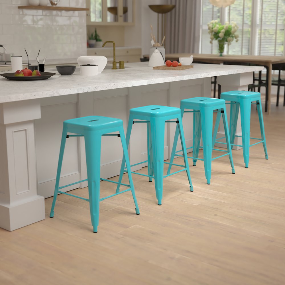 24" High Metal Counter-Height, Indoor Bar Stool in Teal - Stackable Set of 4. Picture 2