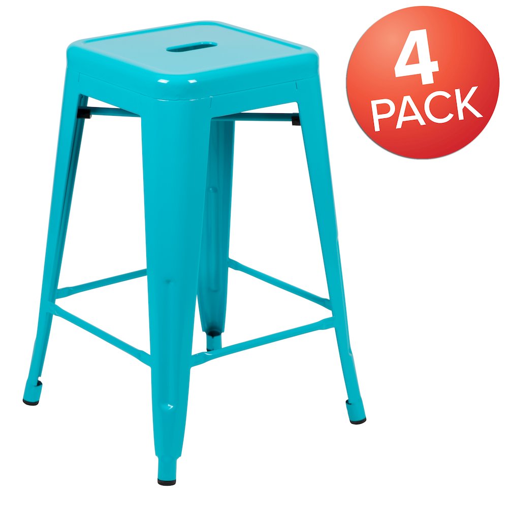 24" High Metal Counter-Height, Indoor Bar Stool in Teal - Stackable Set of 4. Picture 1