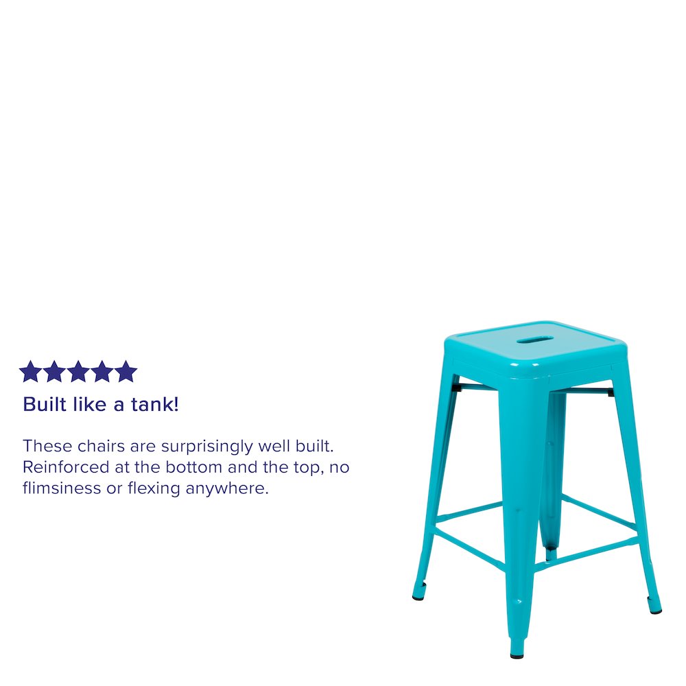 24" High Metal Counter-Height, Indoor Bar Stool in Teal - Stackable Set of 4. Picture 5