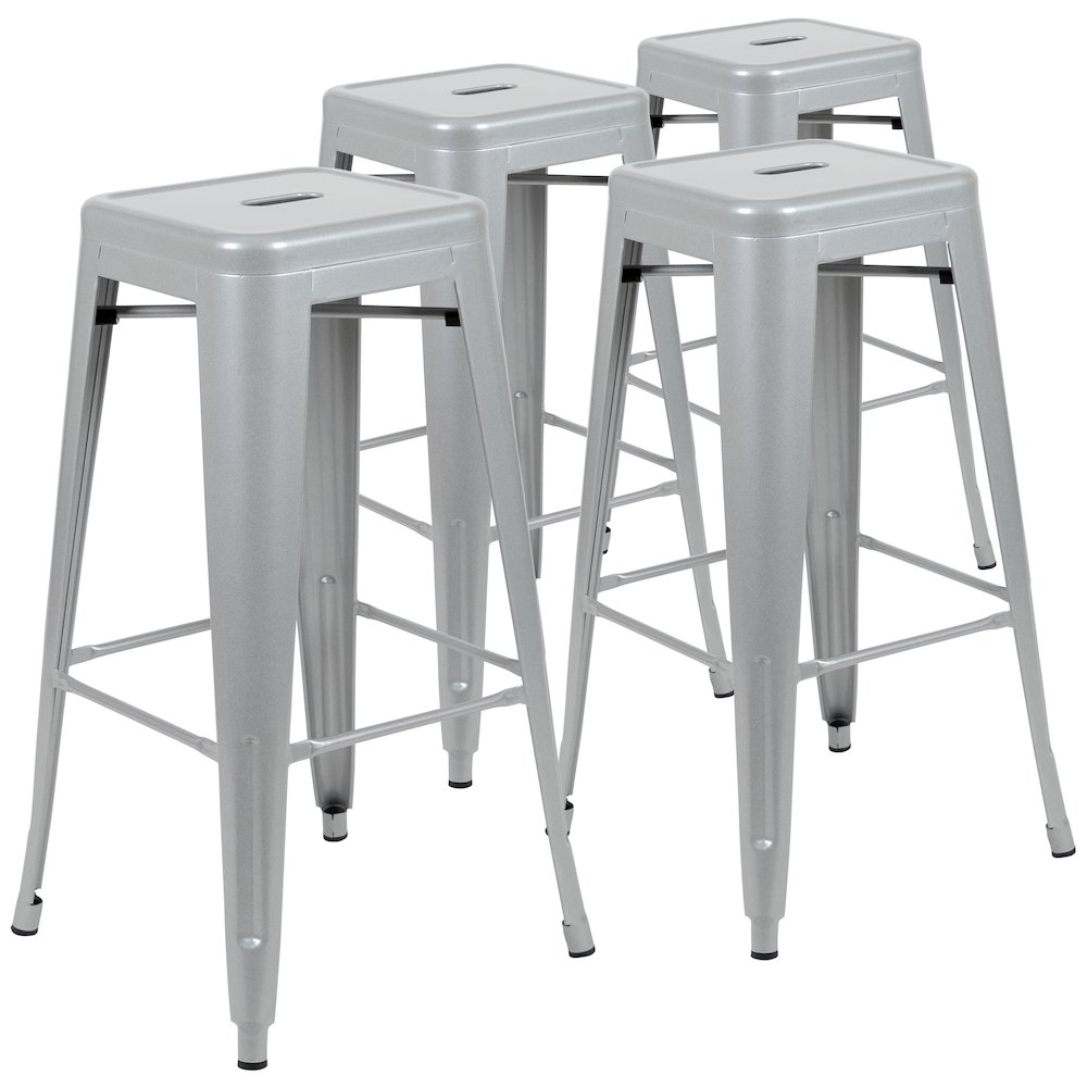 30" High Metal Indoor Bar Stool in Silver - Stackable Set of 4. Picture 3