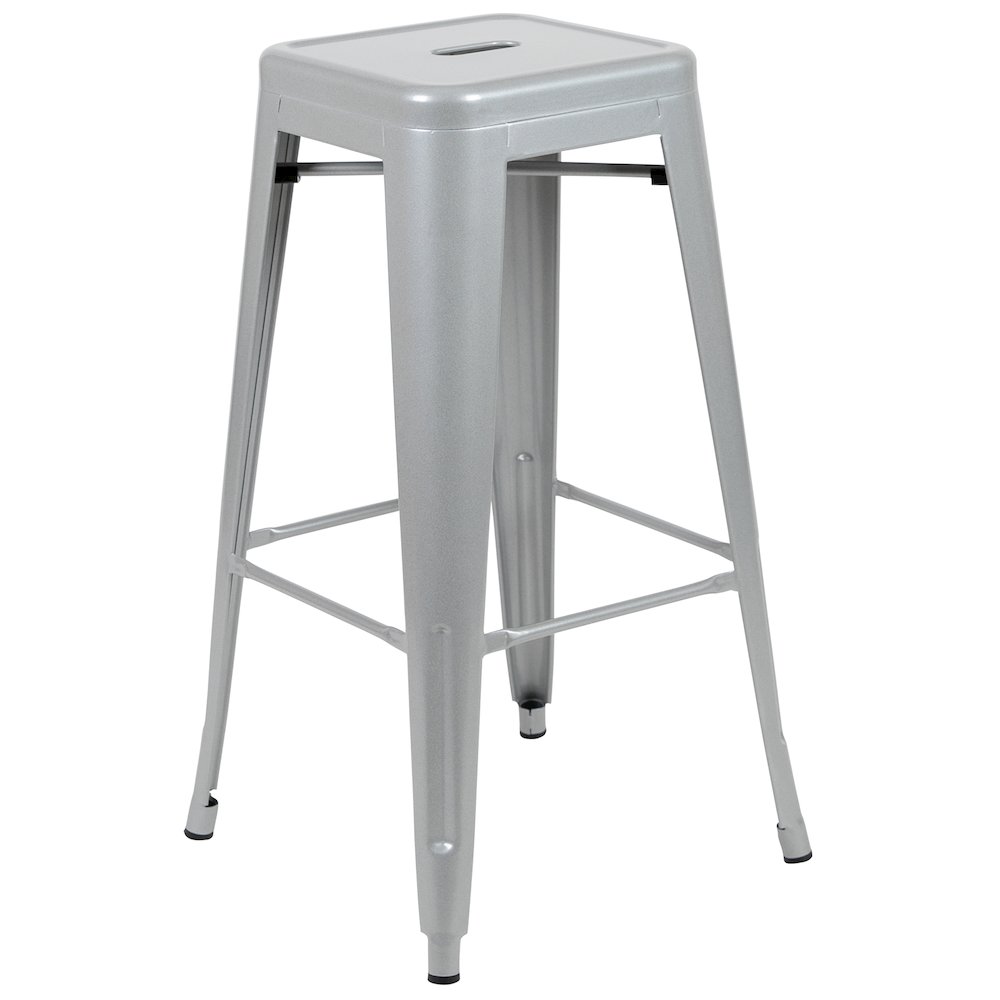 30" High Metal Indoor Bar Stool in Silver - Stackable Set of 4. Picture 9