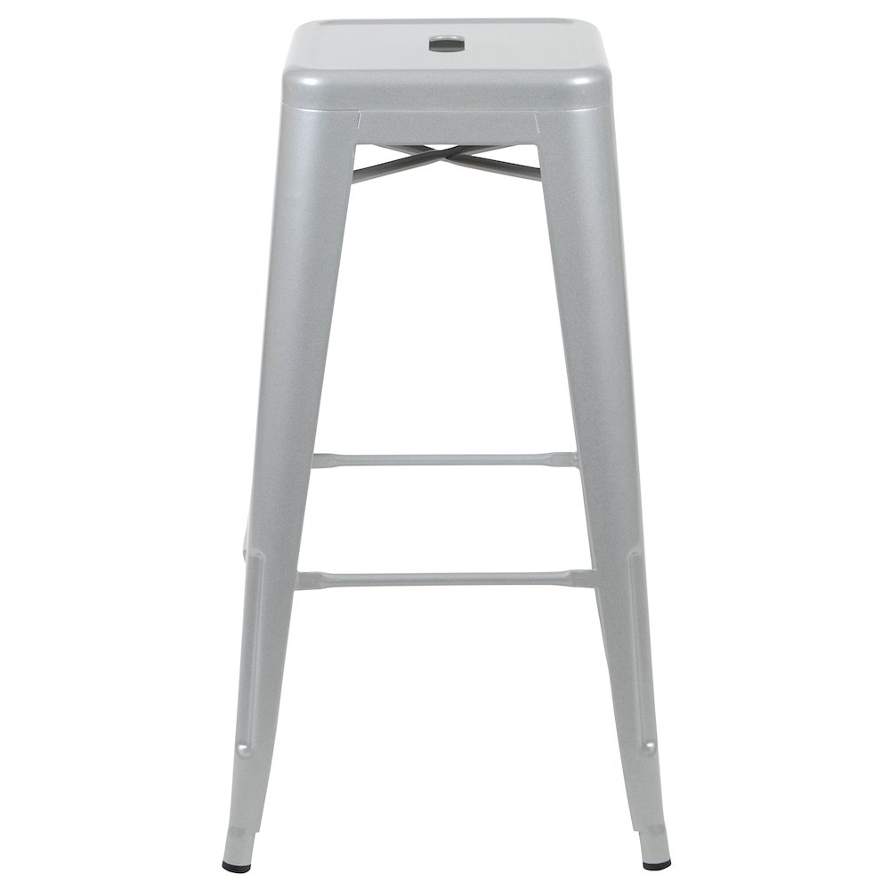 30" High Metal Indoor Bar Stool in Silver - Stackable Set of 4. Picture 10