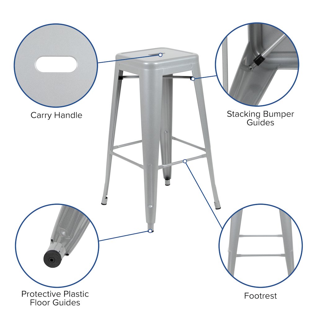 30" High Metal Indoor Bar Stool in Silver - Stackable Set of 4. Picture 6