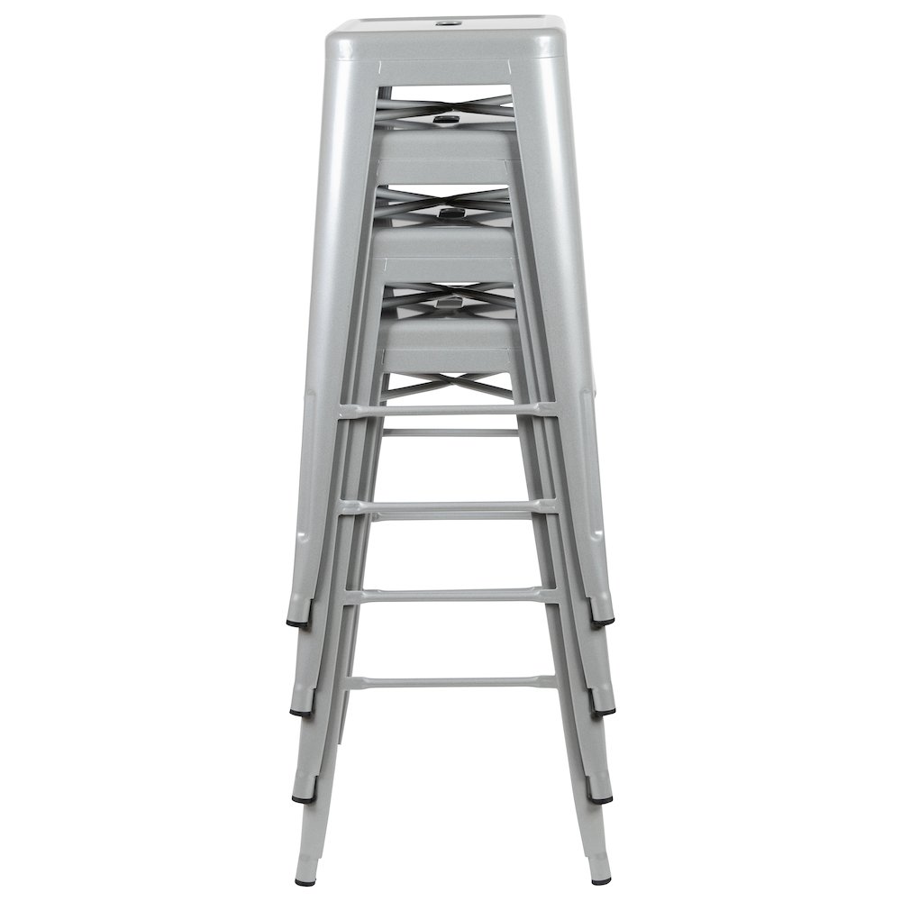 30" High Metal Indoor Bar Stool in Silver - Stackable Set of 4. Picture 13