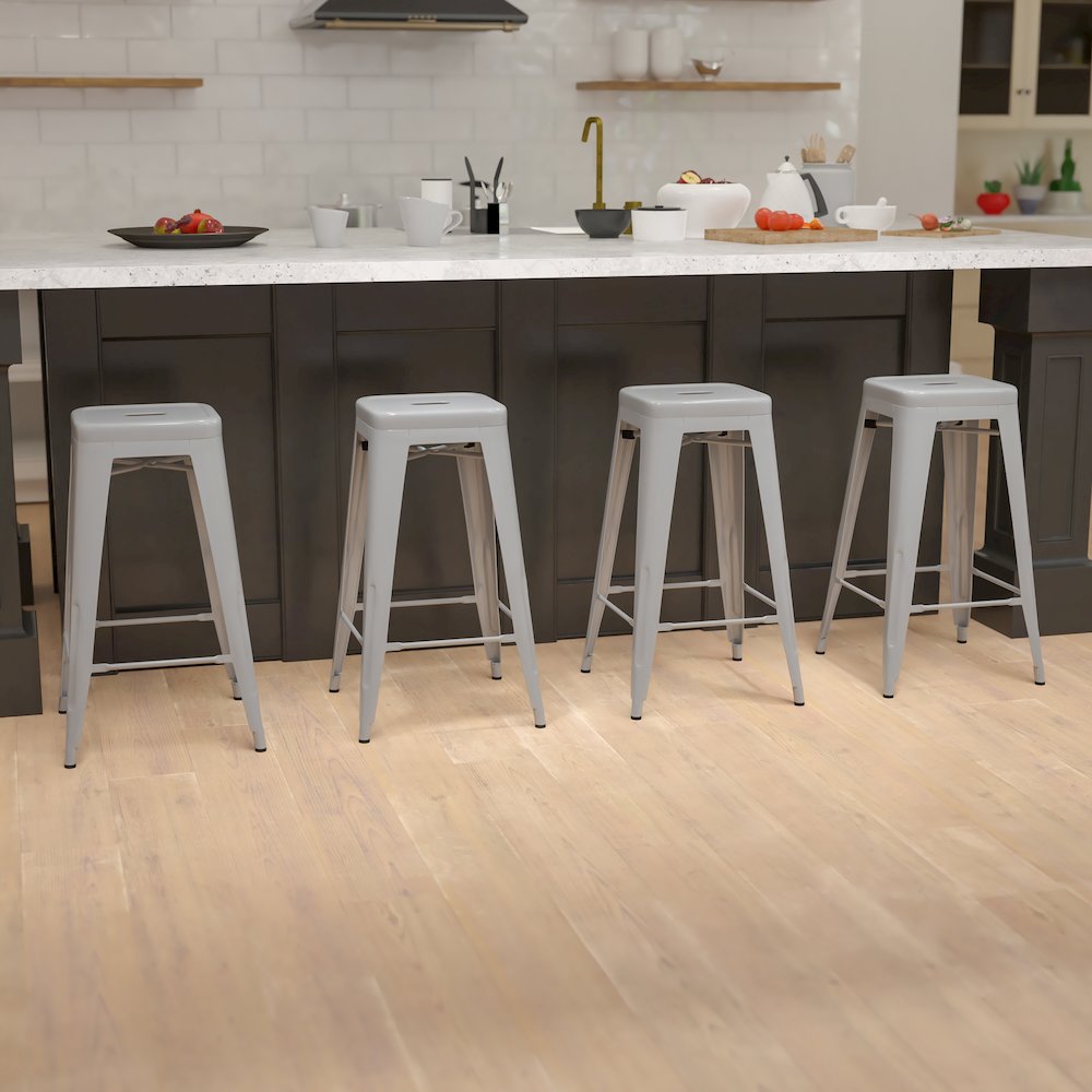 30" High Metal Indoor Bar Stool in Silver - Stackable Set of 4. Picture 2