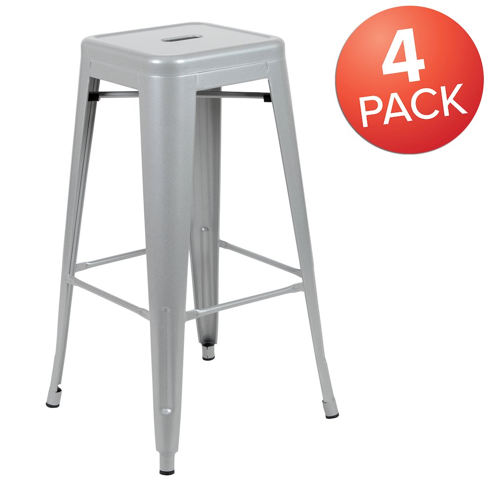 30" High Metal Indoor Bar Stool in Silver - Stackable Set of 4. Picture 1