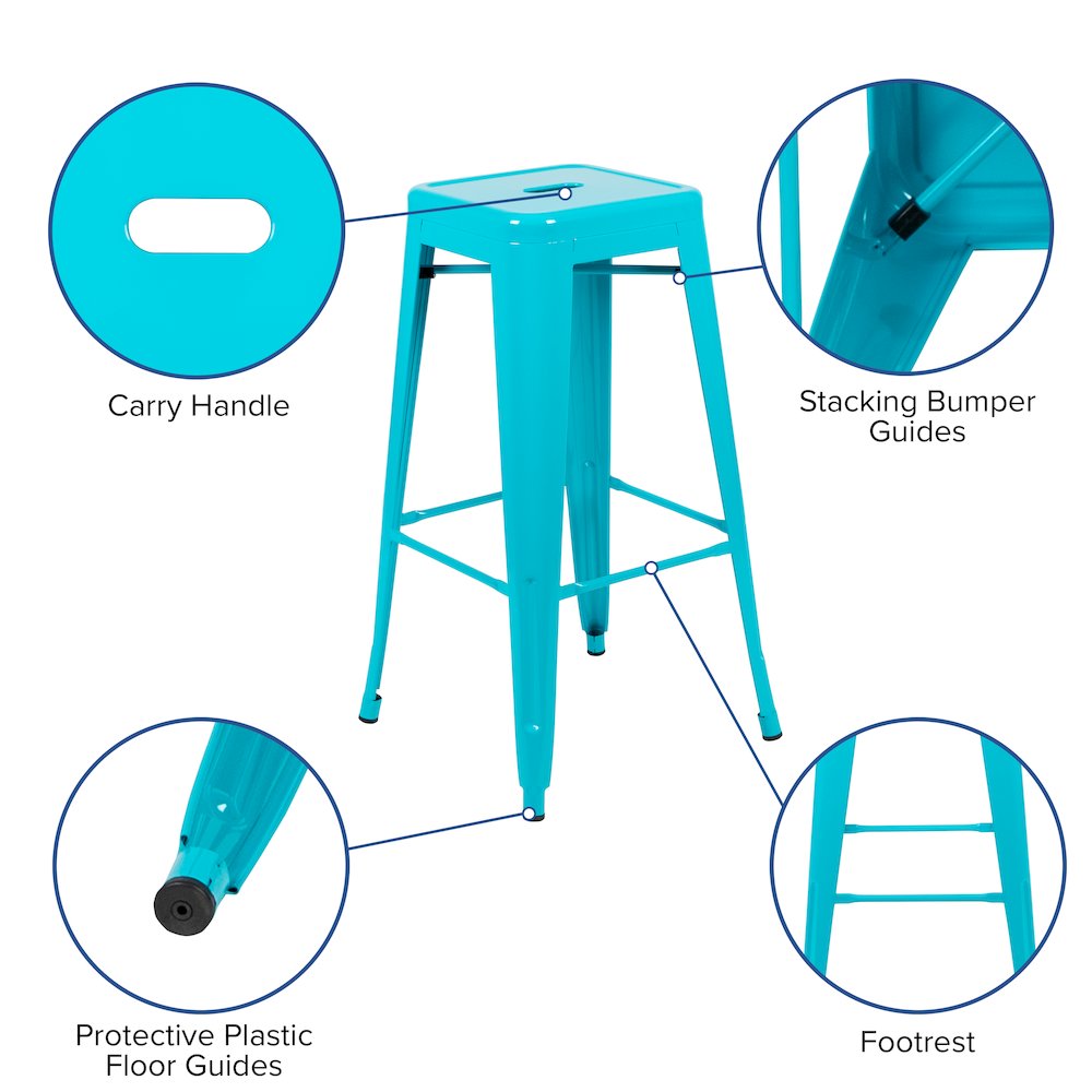 30" High Metal Indoor Bar Stool in Teal - Stackable Set of 4. Picture 6