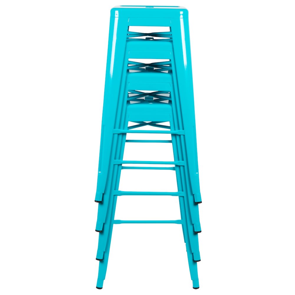 30" High Metal Indoor Bar Stool in Teal - Stackable Set of 4. Picture 13