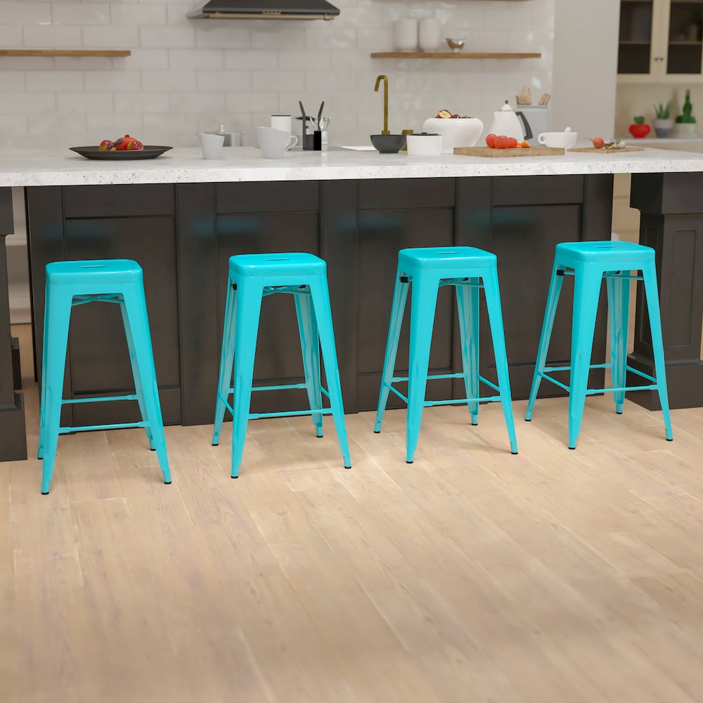 30" High Metal Indoor Bar Stool in Teal - Stackable Set of 4. Picture 2