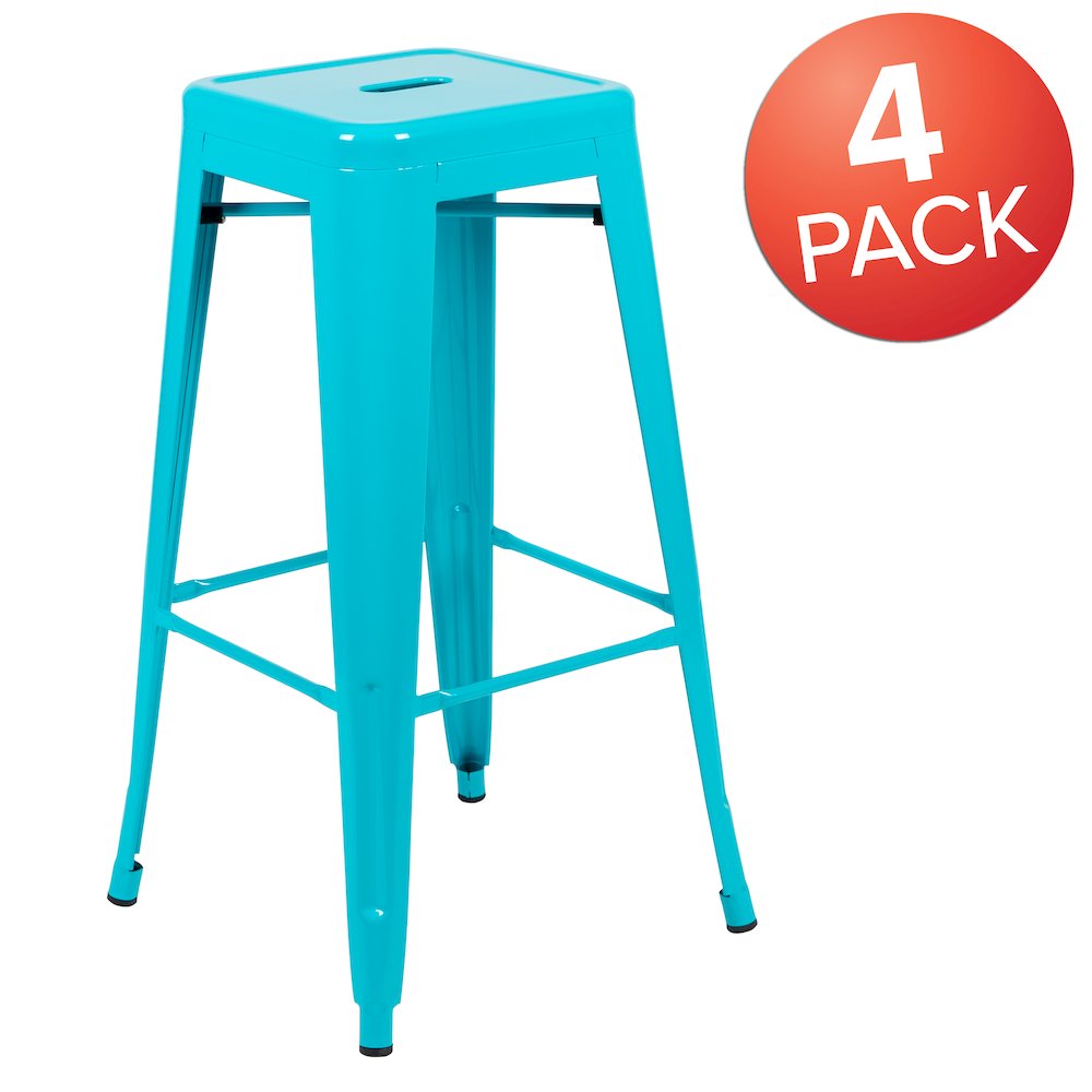 30" High Metal Indoor Bar Stool in Teal - Stackable Set of 4. Picture 1