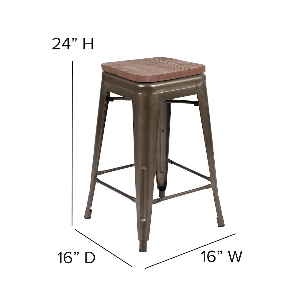 24" High Metal Counter-Height, Indoor Bar Stool with Wood Seat in Gun Metal Gray - Stackable Set of 4. Picture 6
