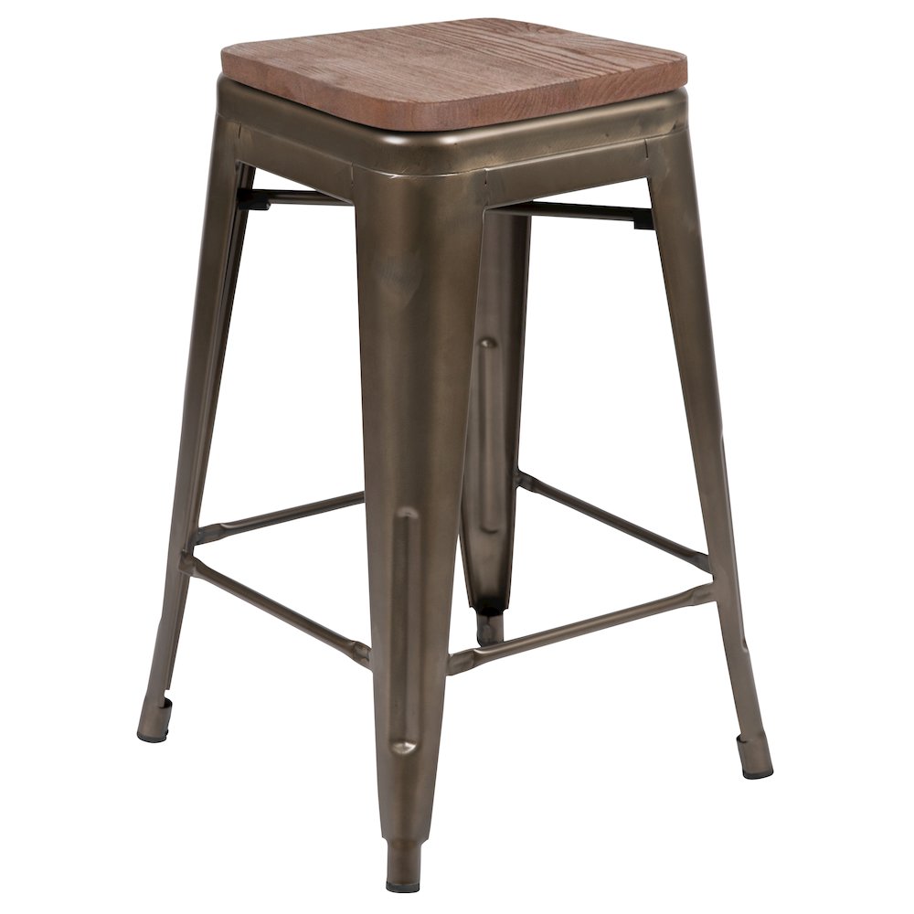 24" High Metal Counter-Height, Indoor Bar Stool with Wood Seat in Gun Metal Gray - Stackable Set of 4. Picture 8