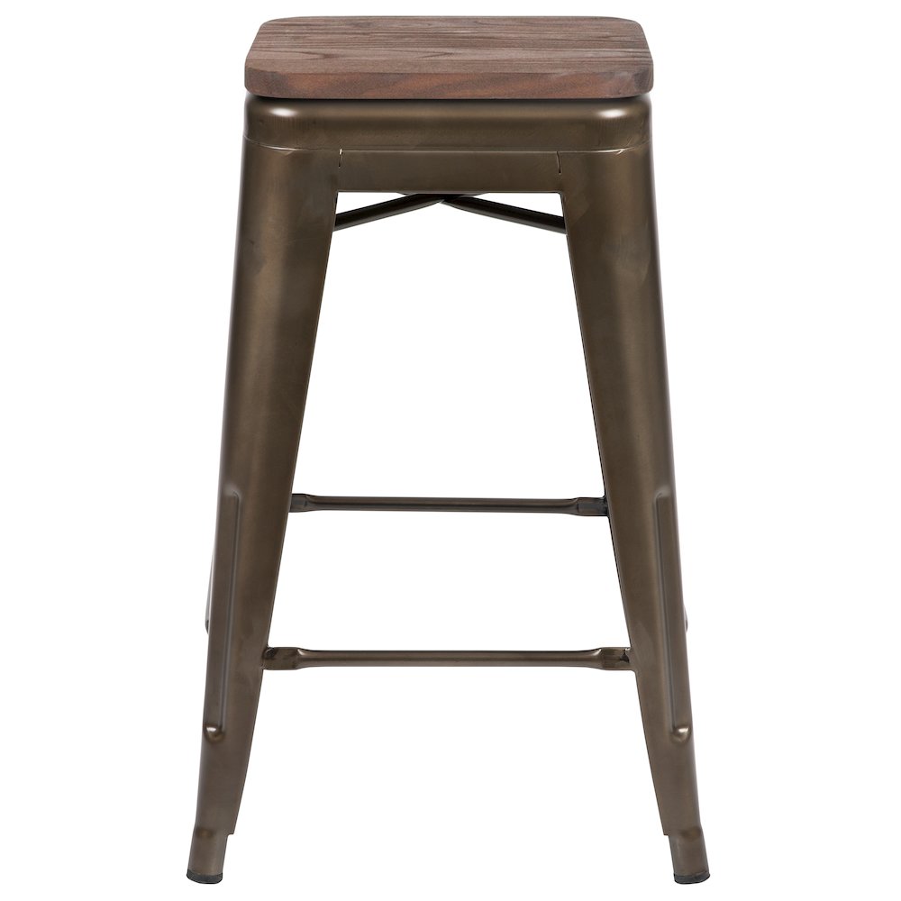 24" High Metal Counter-Height, Indoor Bar Stool with Wood Seat in Gun Metal Gray - Stackable Set of 4. Picture 9