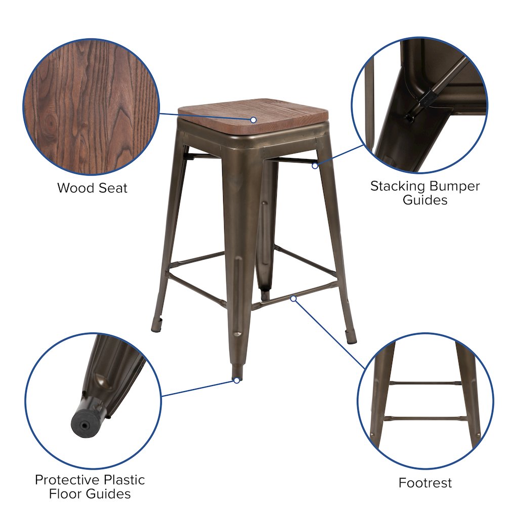 24" High Metal Counter-Height, Indoor Bar Stool with Wood Seat in Gun Metal Gray - Stackable Set of 4. Picture 5