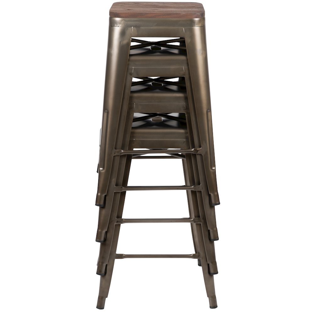 24" High Metal Counter-Height, Indoor Bar Stool with Wood Seat in Gun Metal Gray - Stackable Set of 4. Picture 12