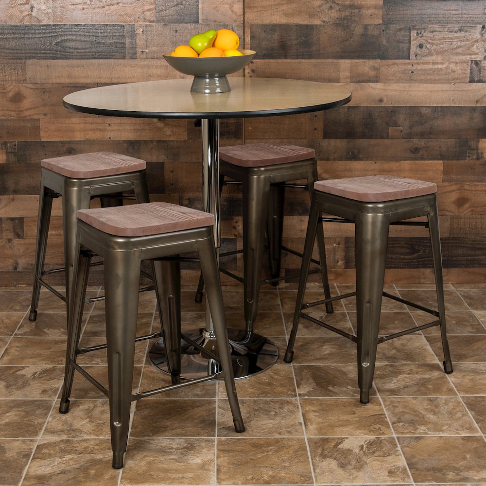 24" High Metal Counter-Height, Indoor Bar Stool with Wood Seat in Gun Metal Gray - Stackable Set of 4. Picture 2