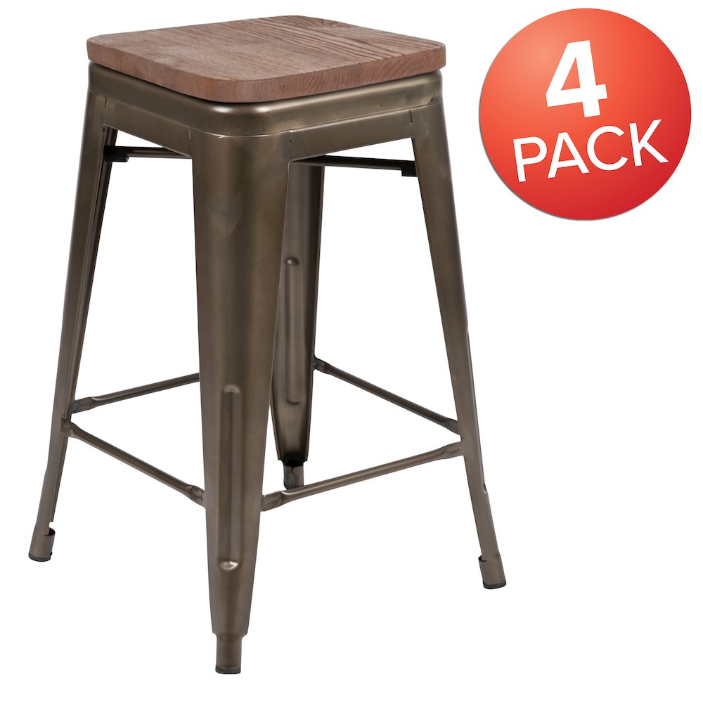 24" High Metal Counter-Height, Indoor Bar Stool with Wood Seat in Gun Metal Gray - Stackable Set of 4. Picture 1