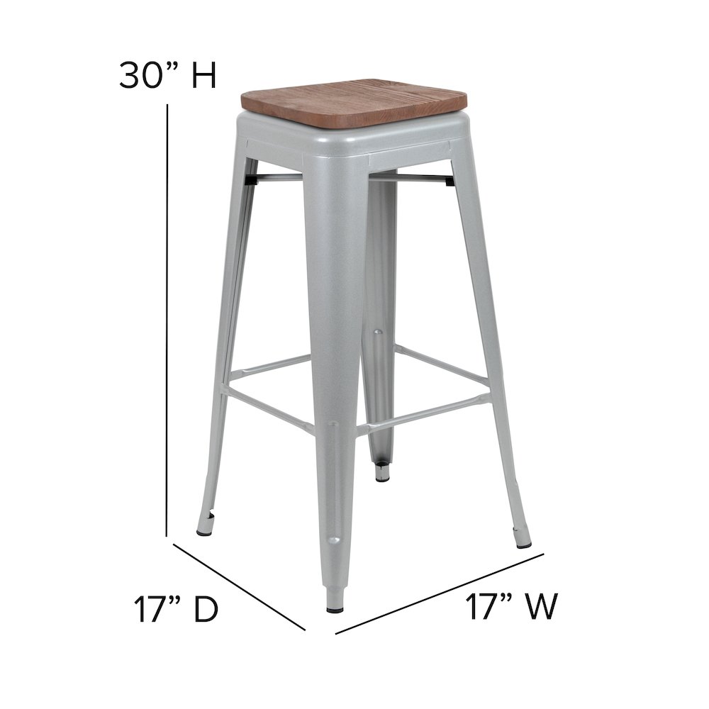 30" High Metal Indoor Bar Stool with Wood Seat in Silver - Stackable Set of 4. Picture 6
