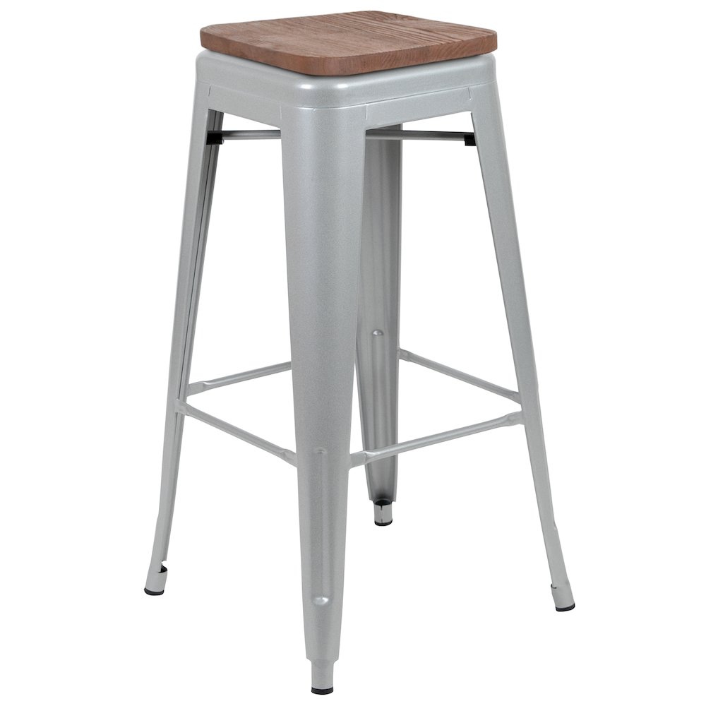 30" High Metal Indoor Bar Stool with Wood Seat in Silver - Stackable Set of 4. Picture 8