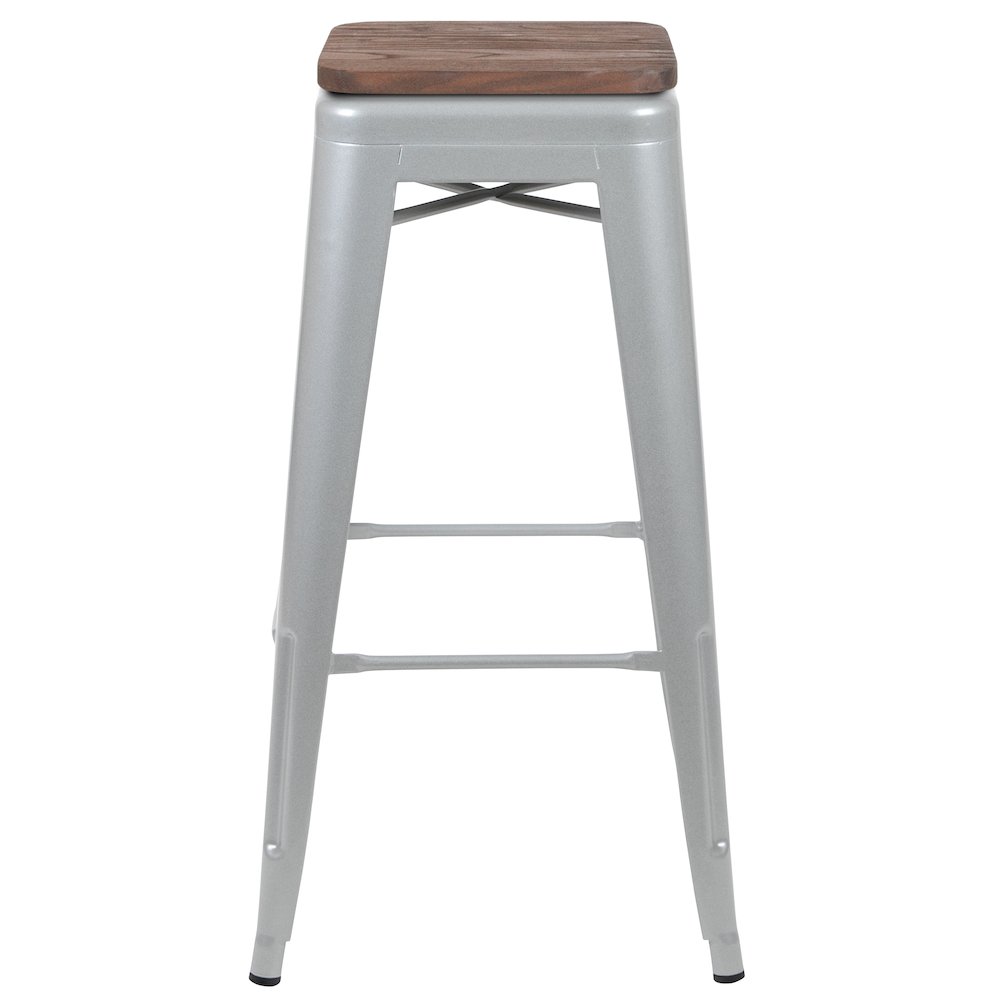 30" High Metal Indoor Bar Stool with Wood Seat in Silver - Stackable Set of 4. Picture 9