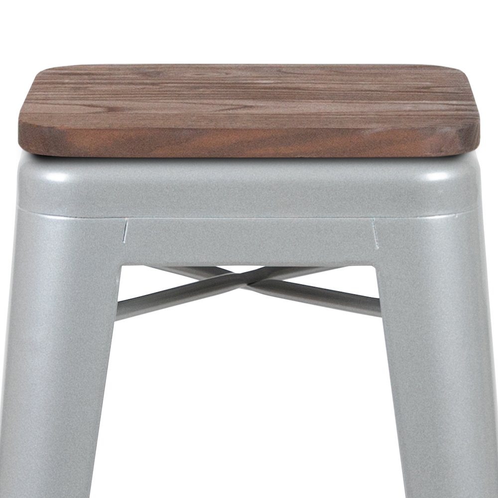 30" High Metal Indoor Bar Stool with Wood Seat in Silver - Stackable Set of 4. Picture 7