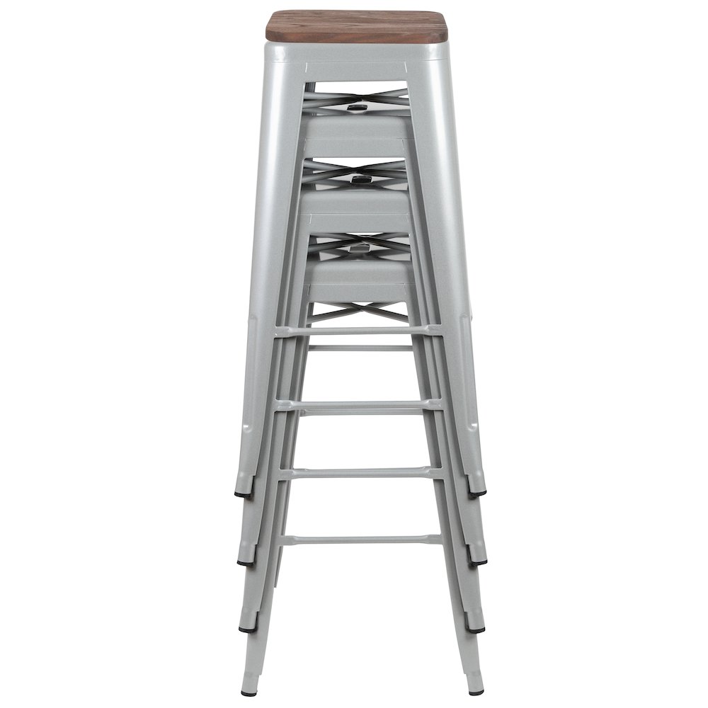 30" High Metal Indoor Bar Stool with Wood Seat in Silver - Stackable Set of 4. Picture 12